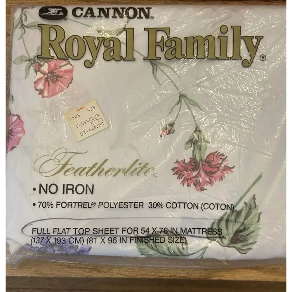 NOS Sealed Vintage Cannon Royal Family White Floral FULL Flat Sheet‎ 54x76 USA